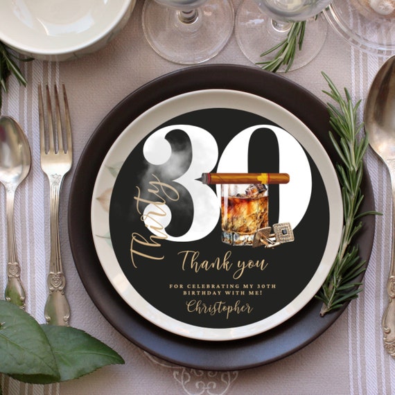 Editable Printable Round Cards for Men's Birthday Template, Whiskey and Cigars Charger Plate Theme in Gold & Black - Thank You Party Cards