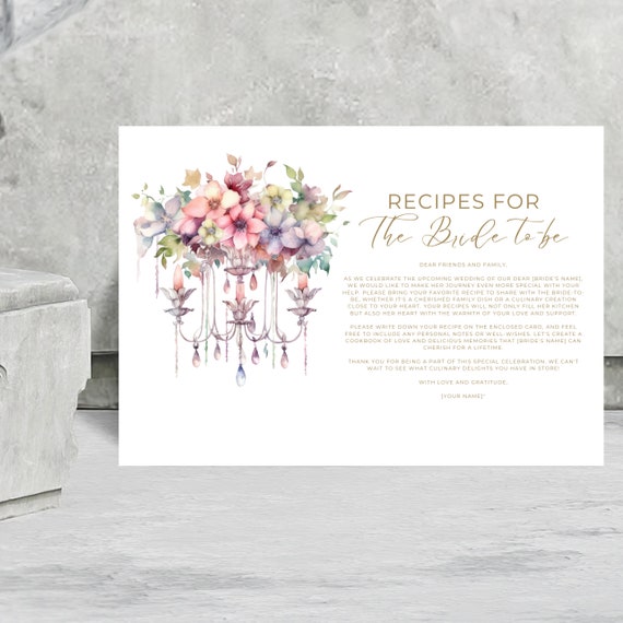 Bridal Shower Chandelier Recipe Card Template, Editable Wedding Cards, Share a Recipe with the Bride to Be, Printable Recipe, Print, Digital