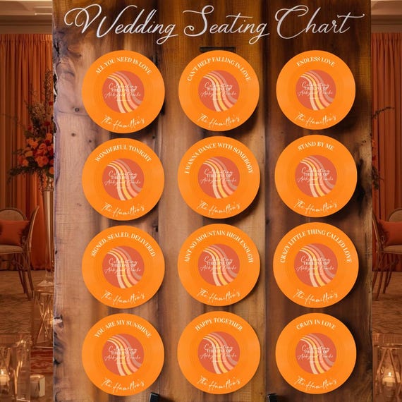 Retro Orange Vinyl Record Seating Chart, 12" Faux Vinyl Wedding Seating Display, Vintage Music Theme Table Chart, Custom Record Guest List