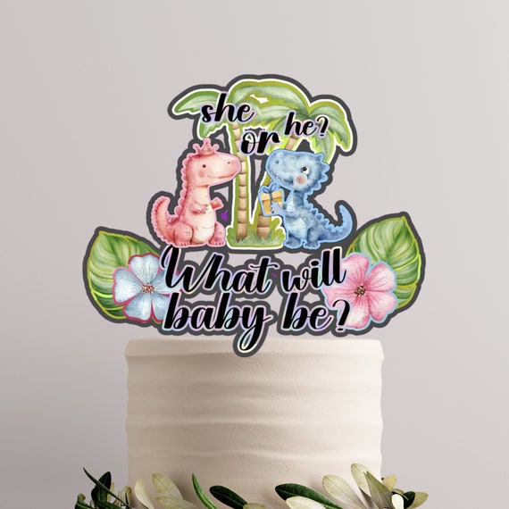 Personalized Gender Reveal 3D Cake Topper - Pink and Blue Dinosaur Theme - Custom Handcrafted Party Decor
