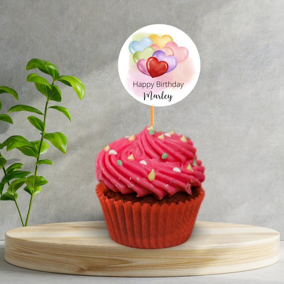 Rainbow Heart Birthday Cupcake Topper, First Birthday Party Toppers, Watercolor Heart Balloons, Print and Digital #HBR