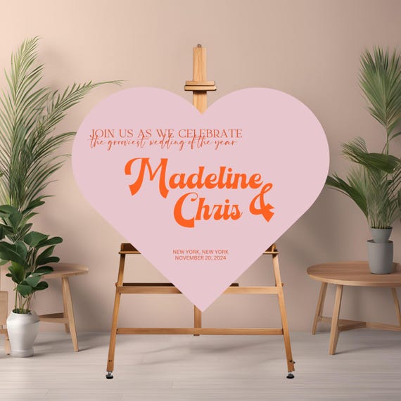 Retro Heart Wedding Welcome Sign | 70s Groovy Foam Board Wedding Decor, Customizable Vintage Heart-Shaped Sign, Retro Love Wedding Entrance