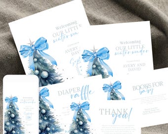 May include: A set of blue and white baby shower invitations with a watercolor winter tree design. The invitations feature the text "Welcoming our little winter wonder" and the names "Avery and David".