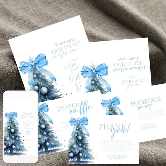Personalized Winter Baby Shower Invitation Suite, Editable Blue Christmas Tree, Boy Baby Shower Template with Diaper Raffle Thank You Card