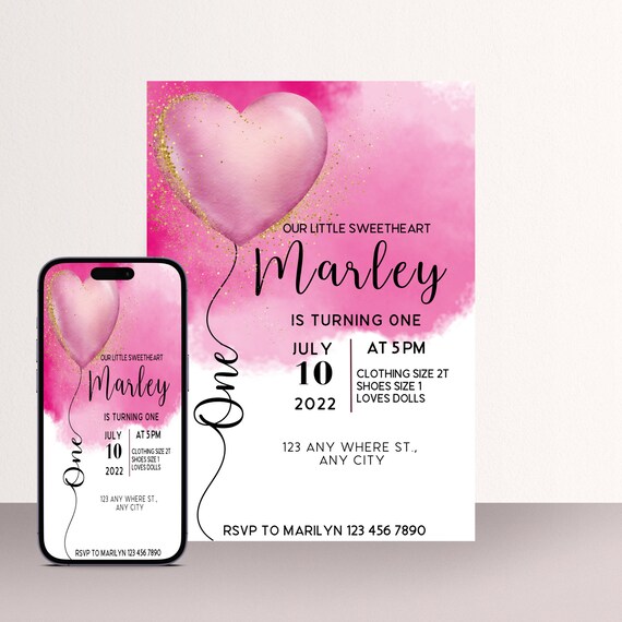 Valentine Hot Pink Heart Birthday Invitation, First Birthday Invite, Watercolor Heart Balloon, Print and Digital #HBHP