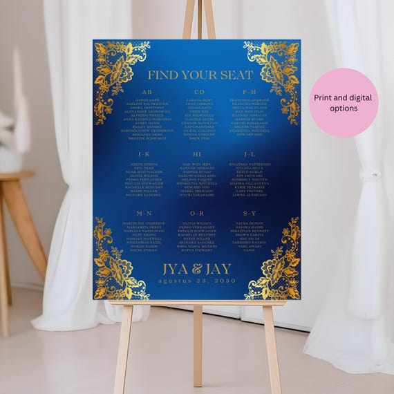 Royal Blue and Gold Indian Wedding Seating Chart Sign | Personalized Traditional Wedding Seating Signage | Elegant Reception Decor