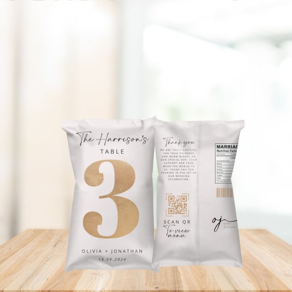 Personalized Wedding Table Number Chip Bag Favors | Custom Chip Label Template | Editable Wedding Chip Bag | Unique Wedding Favor Labels