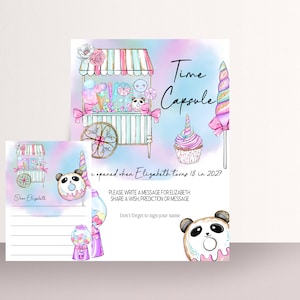 Doce sinal de cápsula do tempo de um aniversário, cartões de cápsula de marco de aniversário de qualquer idade, algodão doce, modelo editável, festa de doces, #SOB