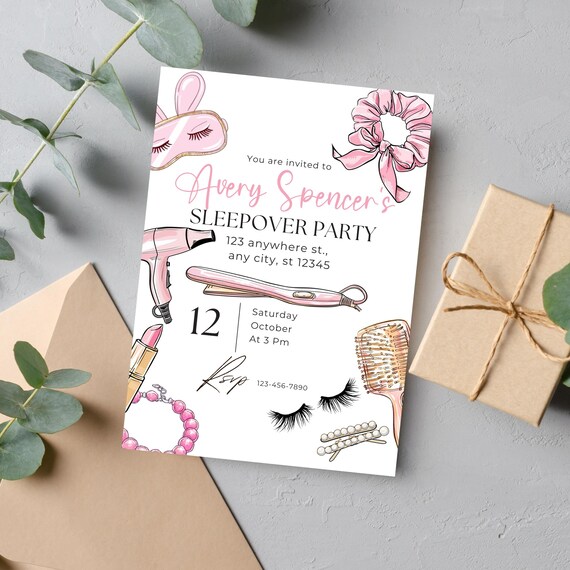 Pink Girls Sleepover Party Invitation | Editable Slumber Party Invite | Cute Overnight Birthday Invitation | Fun Pajama Party Printable