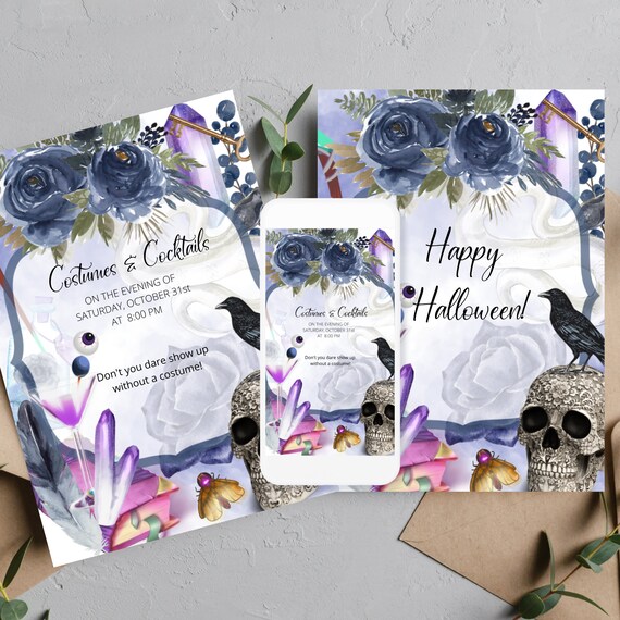 Halloween Party Invitation Template, Horror Printable Invitations, Gothic Costume and Cocktails Party Invite, Custom Editable Spooky Invites