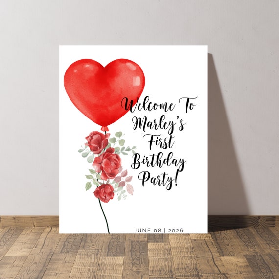 Little Sweetheart Birthday Party Welcome Sign, Valentine Birthday Party Signs, Red Floral Heart Balloon Banner, Print and Digital, #BHF