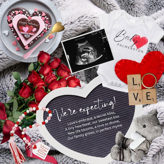Valentine's Day Pregnancy Announcement - Digital Baby Reveal Template with Editable Options - Gender Reveal for Girl or Boy  Red Roses Theme
