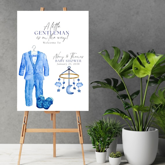 A Little Gentleman Baby Shower Welcome Sign Template, Boy Baby Shower Printable, Editable Blue Baby Shower Banner, Instant Download
