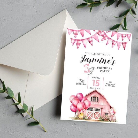 Personalized Pink Farm Birthday Invitation, Custom Barnyard Party Invite Template, Farm Animals Theme for All Ages Girl's, Pink Farmhouse