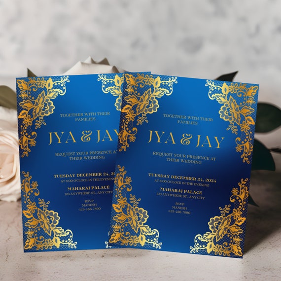 Royal Blue & Gold Indian Wedding Invitation Template | Traditional Elegant Personalized Engagement and Wedding Invitations