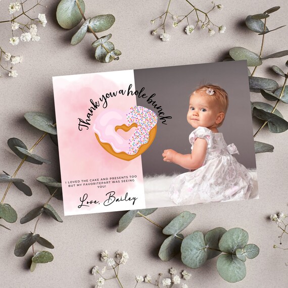 Sweet One Birthday Photo Thank You Card, Pink Heart Donut, 1st Birthday Party Cards, Donuts Bday Invite, Instant Download #DBH