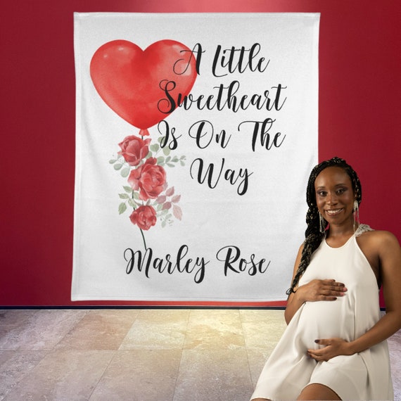 Little Sweetheart On The Way Fleece Blanket, Valentine Birthday Gift Blanket, Red Floral Heart Balloon , Print and Digital, #BHF