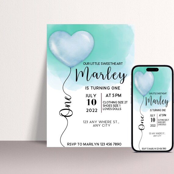 Valentine Blue Heart Birthday Invitation, First Birthday Invite, Digital Party Invitations, Watercolor Heart Balloon, Print and Digital #HBB
