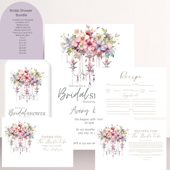Bridal Shower Chandelier Invitation Bundle Template, Editable Wedding Recipe Card, Floral Bridal Shower Thank you, Printable Party Bundle