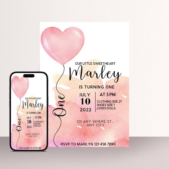 Valentine Heart Birthday Invitation, First Birthday Invite, Watercolor Heart Balloon, Pink and Gold  Print and Digital #HBPK
