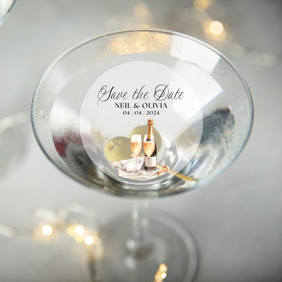 Personalized Edible Cocktail Save The Date Topper | Wedding and Engagement Drink Topper Decor | Custom Name & Date Champagne Design