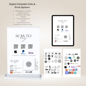 Puede incluir: Un soporte de banner retráctil blanco con un diseño en blanco y negro. El banner tiene un código QR, los logotipos de Apple Pay, PayPal y Zelle. El texto "SCAN TO Pay" está en la parte superior del banner. El banner también tiene una sección que dice "WE ALSO accept" con logotipos para efectivo, Google Pay, Visa y Mastercard. El banner también tiene una sección que dice "CONNECT with us" con iconos de redes sociales.