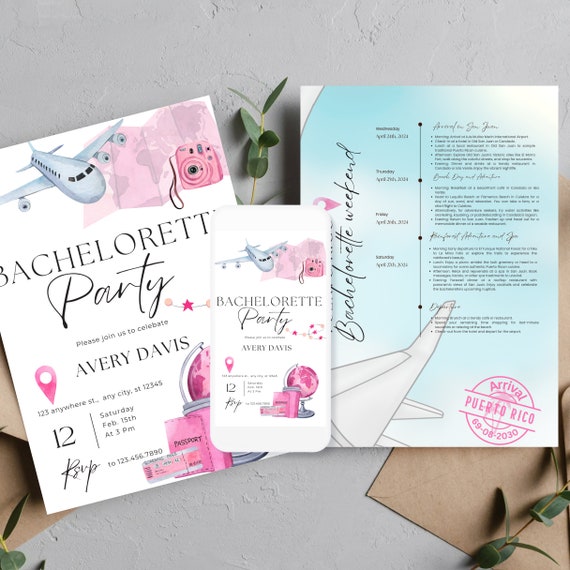 Editable Travel Bachelorette Vacation Invitation | Girls' Weekend Itinerary | Printable Getaway Template - Travel Vacation Editable Location