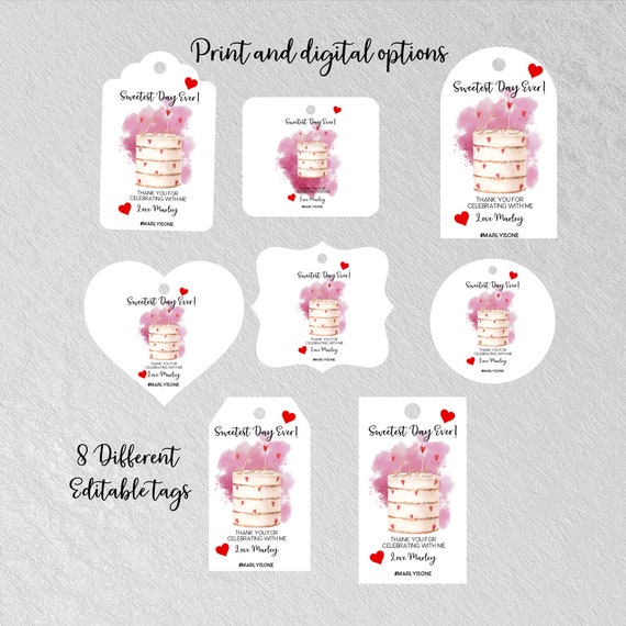 Valentine Birthday Thank you Tags, Printable Heart and Cake Party Favor Label, Editable Labels Bundle Favors, Instant Download #Val