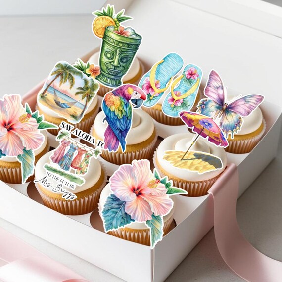 Luau Bridal Shower Cupcake Toppers – Custom Name Tropical Aloha Party Decor – Hawaiian Wedding Shower Cake Toppers – Personalized Toppers