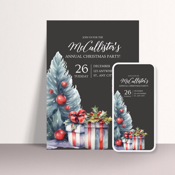 Annual Christmas Party Invitation Template, Holiday Christmas Celebration Invite, Printable Winter Xmas Invitations, Print and Digital