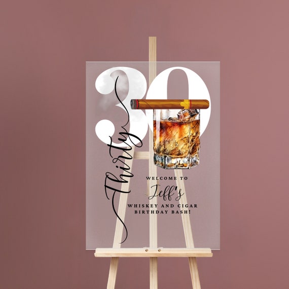 Editable  Whiskey and Cigars Party Acrylic Welcome Sign  Birthday Banner - Elegant Whiskey and Cigars Acrylic Signs