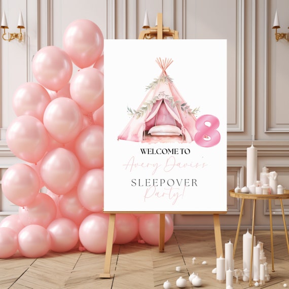 Editable Sleepover Tent Party Welcome Sign - Pink Tee-Pee Tent Slumber - Custom Birthday Printable Template for Girls, Any Age Pink Banner