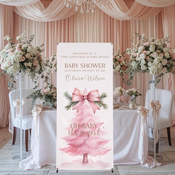 Pink Christmas Tree Baby Shower Banner and Stand, Winter Wonderland Baby Shower Sign, Girl Baby Shower Decorations, Holiday Baby Shower