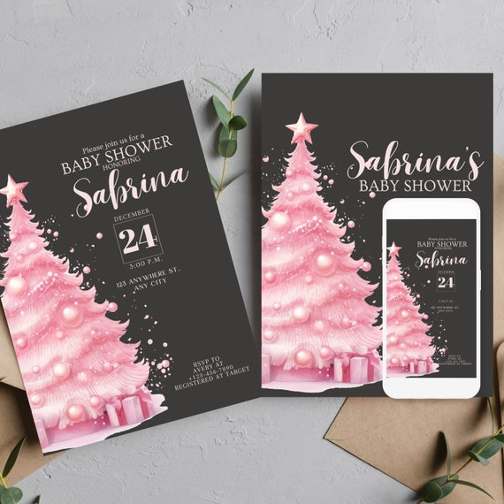Pink and Black Christmas Tree Baby Shower Invitation, Editable Girl Invites, Custom Baby Shower Printable, Pink Holiday Invitation
