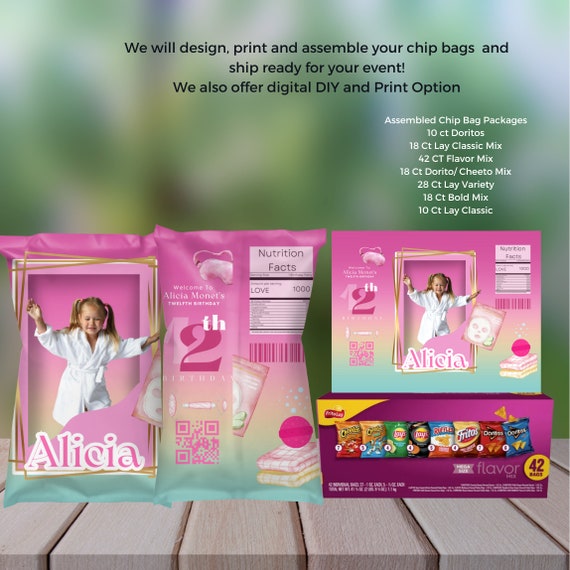 Personalized Birthday Doll Box Chip Bag, Doll Party Favors, Doll Box with photo, Doll Box Party Label, Pink Doll Box Decor , Print Digital