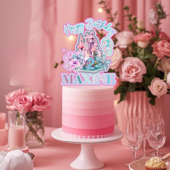 Mermaid Castle Cake Topper with Name & Age | Edible or 3D Cupcake Toppers | Under the Sea Birthday Party Decor | Princess Mermaid Theme