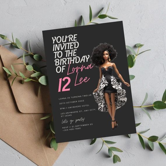 Doll Birthday Party Invitation Template, African American Doll, Editable Black and Pink Invitation, Printable Birthday Invitation, #BRB