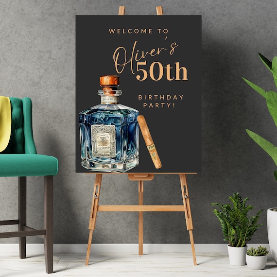 Adult Whiskey and Cigar Birthday Welcome Sign, Editable Any Age Men's Birthday Banner, Printable Bday Template, Print and Digital