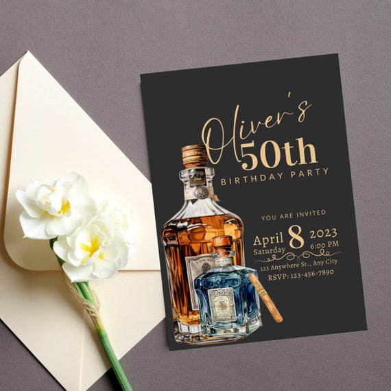 Adult Whiskey and Cigar Birthday Invitation, Editable Any Age Men's Birthday Invite, Printable Bday Invitations, Instant Download