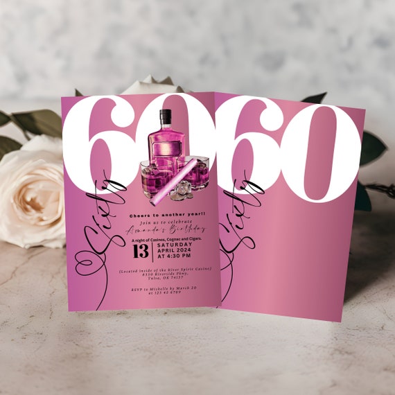 Editable Pink Whiskey & Cigar Birthday Invitation Template - Any Age Milestone Party Invite - Personalized Ladies' Cognac Event Printable