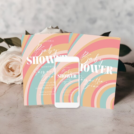 Editable Retro Rainbow 70's Baby Shower Invitation Template - Groovy Vibes, Printable 70s Hippie Decor & Funky Retro Party Card