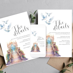 Cartão de detalhes para impressão de casamento de conto de fadas, modelo de detalhes da festa de escada de casamento, felizes para sempre, decoração de casamento encantada