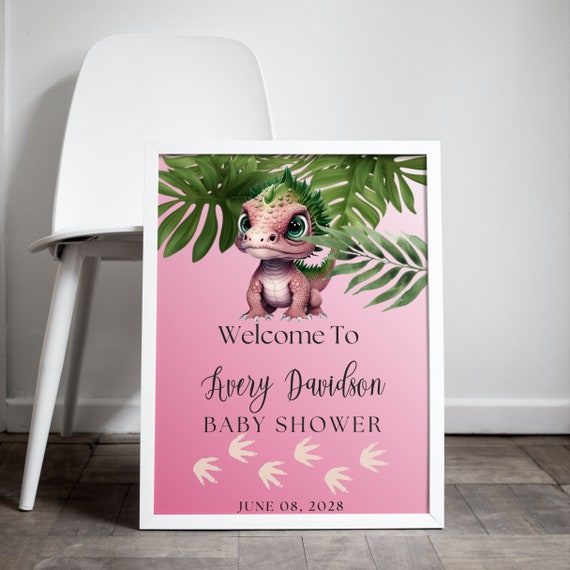 Editable Pink Dinosaur Baby Shower Welcome Sign, Custom Dino Party Banner, Dinosaur Shower Decor, Personalized Girl's Dino Themed Party Sign
