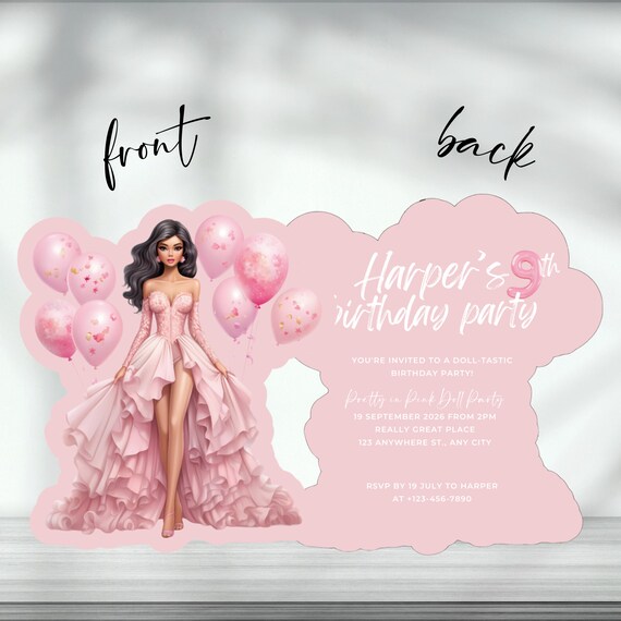 Custom 3D Pink Doll Birthday Invitation | Personalized Doll-Themed Party Invites, Handcrafted Keepsake Invitations, Unique Doll Shape Design