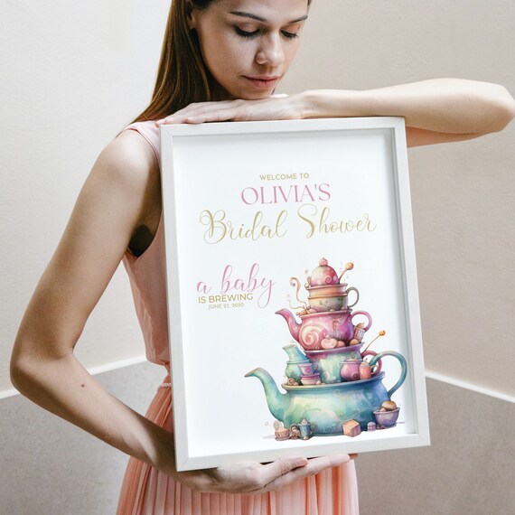 Customizable Baby Shower Tea Welcome Sign Template, Blue and Gold Tea Pot Party Signage, A Baby Is Brewing Banner, Blue Boy Editable Signs