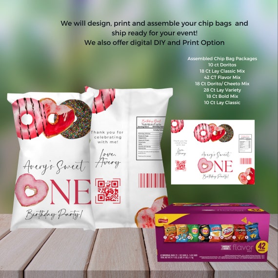 Donuts & Sweets Chip Bag Template - Red Editable Labels for Birthday Parties - DIY Bday Decoration - Custom Printable Chip Bags