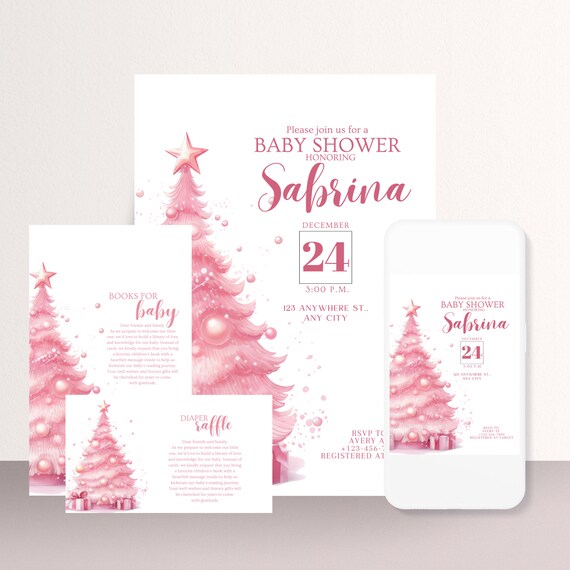 Pink and White Christmas Tree Baby shower Invitation Bundle, Winter Girl Baby Shower Invites, Winter Pink Books For Baby, Diaper Raffle Card