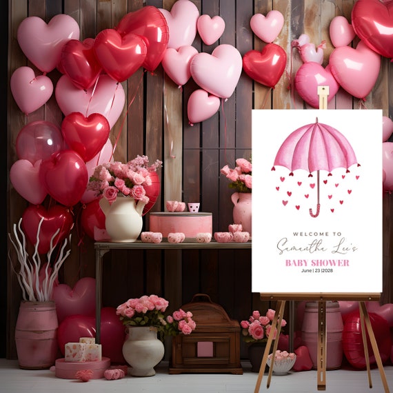 Pink Umbrella Baby Shower Welcome Sign Template - Girl Baby Shower Decor - Customizable Printable Banner Party Decor - DIY Baby Shower Sign