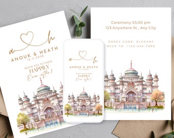 Invito stampabile per matrimonio al castello delle fiabe, modello per invito a nozze principessa, invito a una festa modificabile per sempre felici e contenti