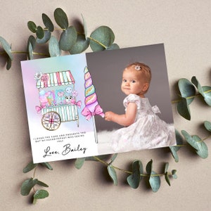 Cartão de agradecimento de aniversário Sweet One, cartões de agradecimento com foto de aniversário Candy Any Age, algodão doce, modelo editável, festa de doces, #SOB
